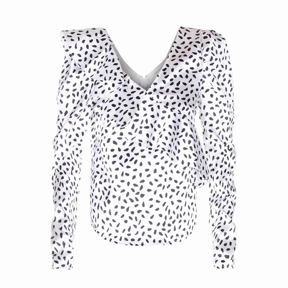 NWT Self Portrait Ivory and Black Dot Satin Printed Frill Top
